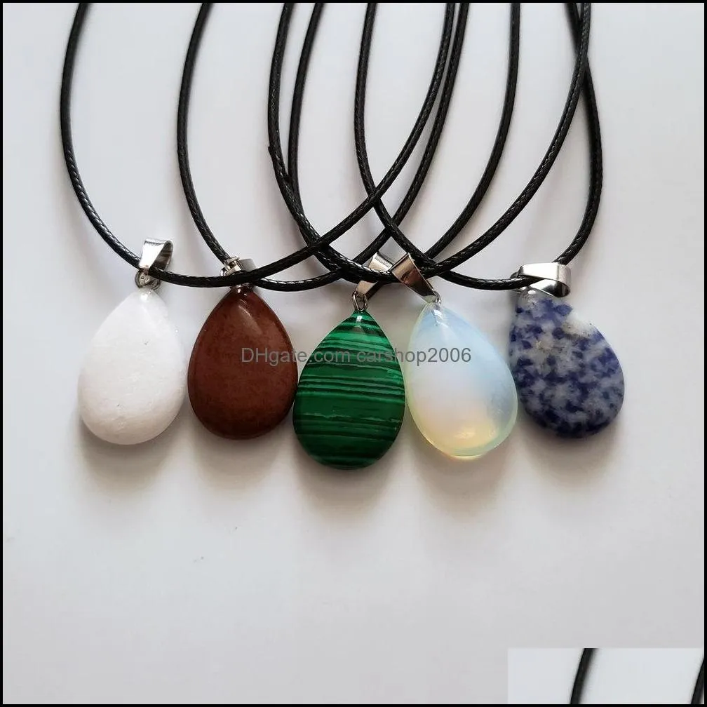 wholesale 24pcs/lot mixed natural stones pendants water drop pendulum leather chains necklace reiki fashion jewelry