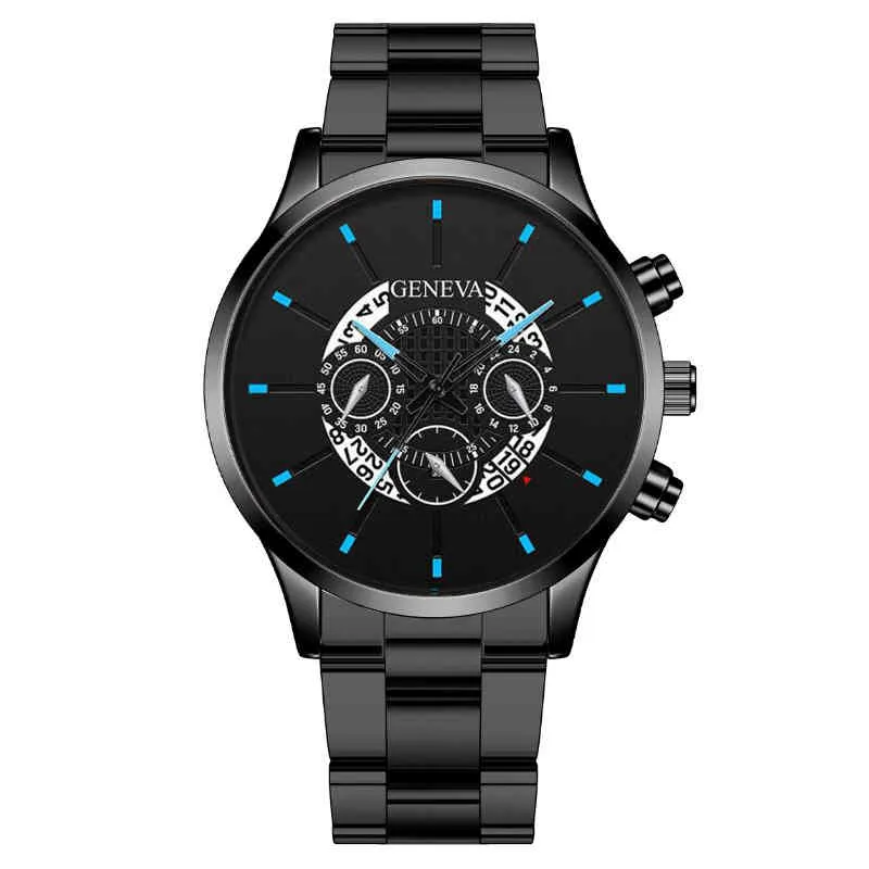 Женева Три глаза мужской часы мужской стальной стальной группы Busins ​​Календарь модного календаря Quartz Watch Men's35mz