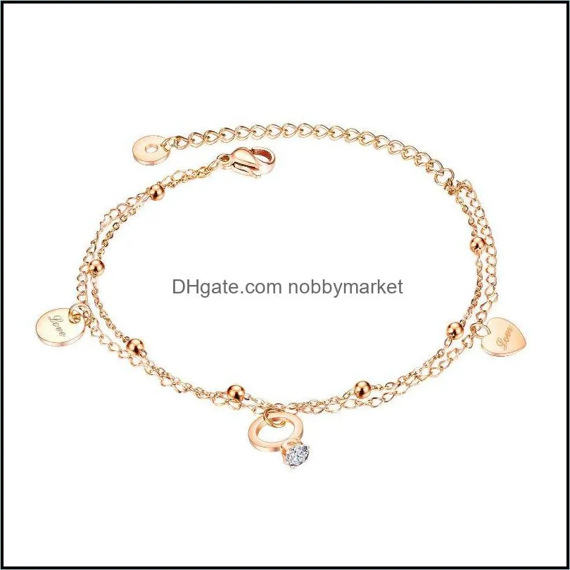 Charm Bracelets Fashion Rose Gold Heart Coin Adjustable Chain Link Stainless Steel Bangles For Woman Girl Jewelry