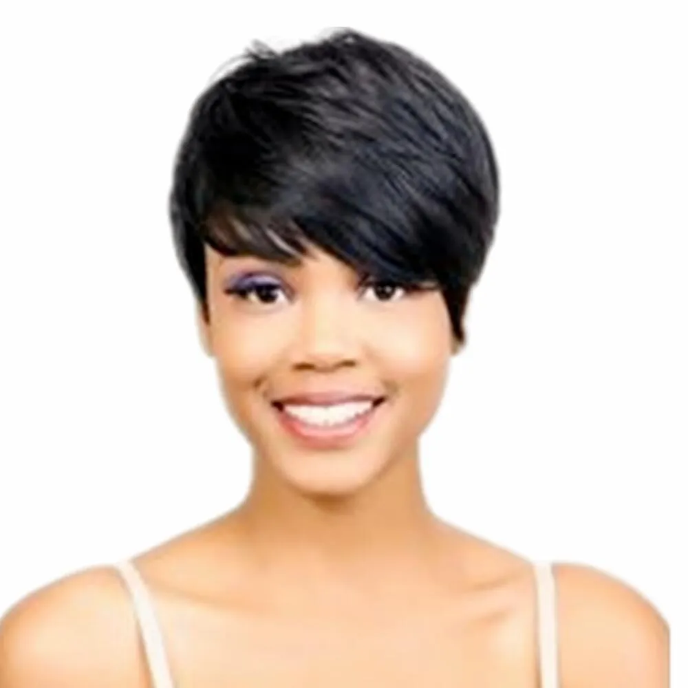 Naturalne proste Krótkie Pixie Cut Peruki Ludzkie Włosy Dla Kobiet Natural Black Color Brazylijski Brak koronkowych Przodu