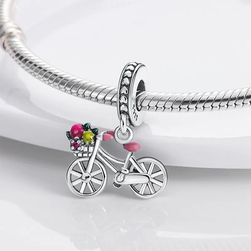 925 STERLING SLATER Dangle Charm Charm Flower Bicycle Silver Pinging Bead Fit Pandora Charms Bracelet Diy Acessórios
