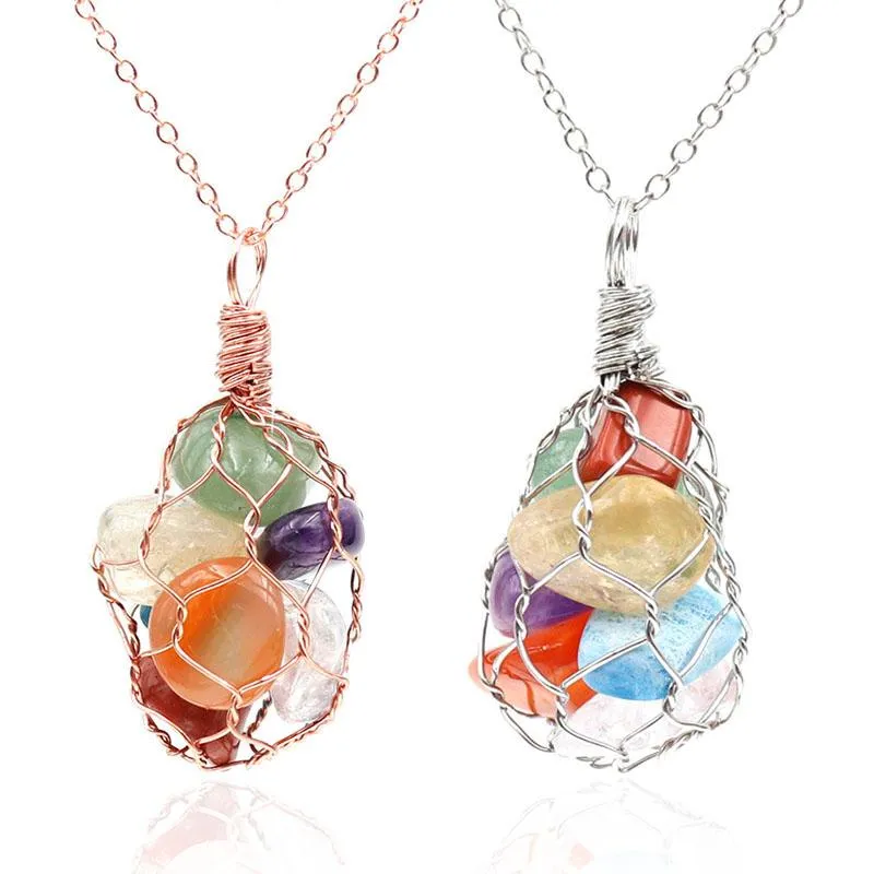 Collane con ciondolo Reiki 7 Chakra Collana di cristallo di ghiaia Fatto a mano Tessuto avvolgente Pietra irregolare Amuleto Pendolo GioielliCiondolo