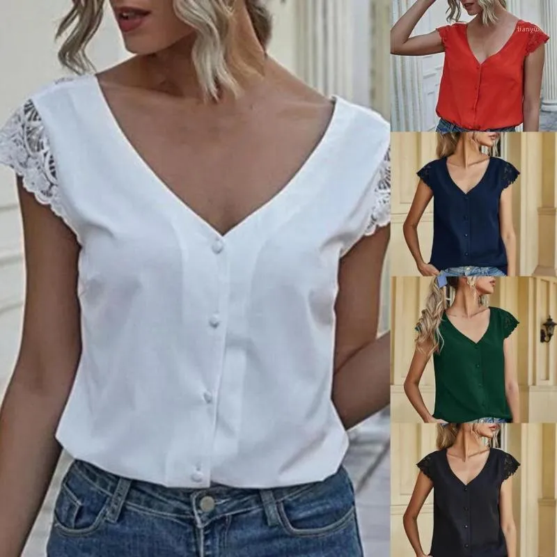 Damska koszulka 2022 Moda Kobiety V-Neck Krótki Rękaw Druki Koszulki Kobiet Sexy Backless Koronki Patchwork Topy Czarna Odzież