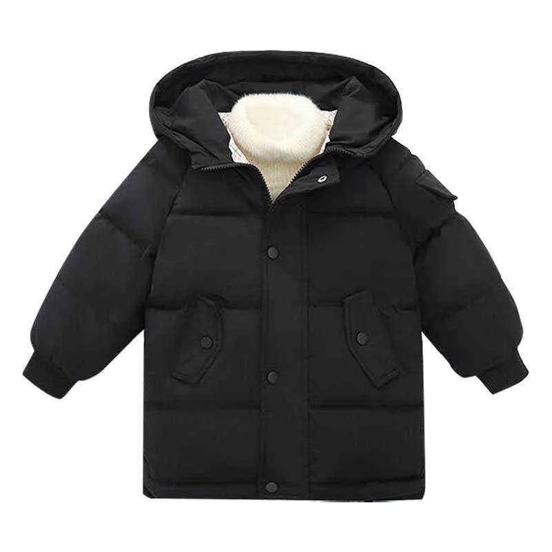 Winterkinderen 3-10 jaar jongens en meisjes jassen katoen dikker warme vaste jassen Long Parka Fashion Hooded Kids Outerwear J220718