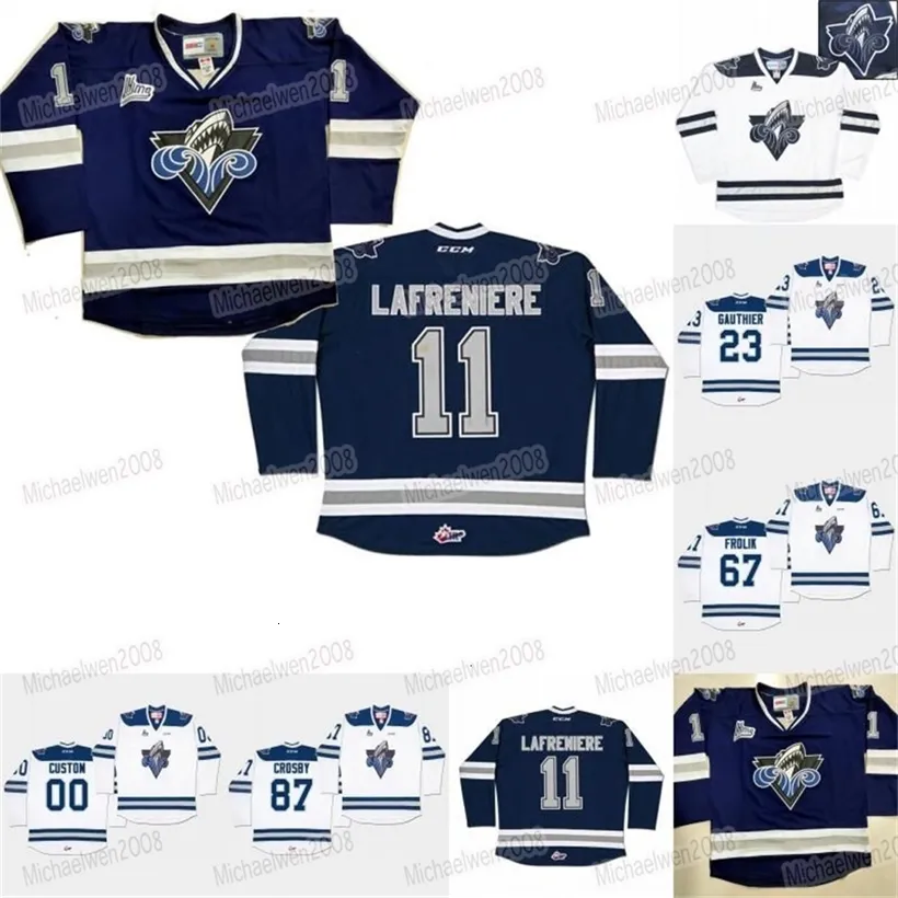 CeoMitNess Rimouski Oceanic Hockey Jerseys 11 Alexis Lafreniere 23 Frederik Gauthier 67 Michael Frolik 87 Sidney Crosby Custom CHL White Navy Blue