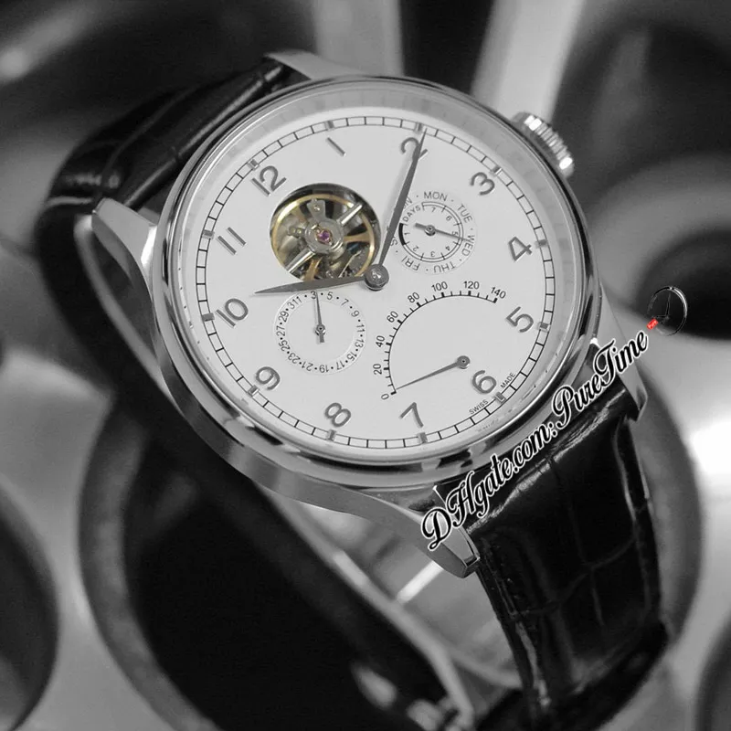 Perpetual Calendar Tourbillon Power Reserve A23j Automatic Mens Watch 44mm Steel Case White Dial Silver Number Markers Brown Leather Strap Puretime