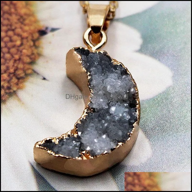 natural crystal stone gold plated druzy moon shape pendant necklaces decor jewelry for women men with chain