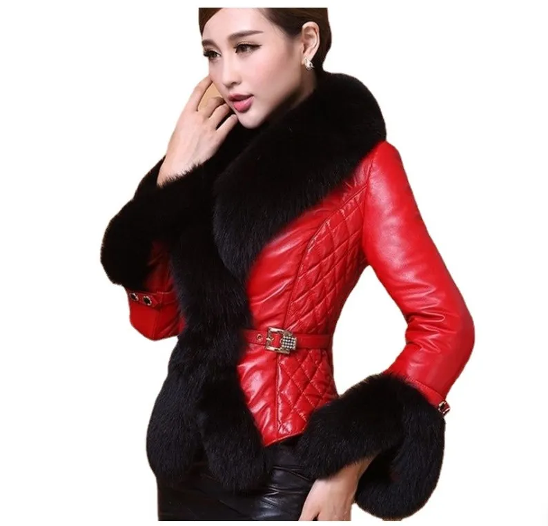 Nieuwe winter dames jas faux vossen kraag korte jas pu lederen vrouwelijk jas elegante motorfiets ritssluiting bovenkleding