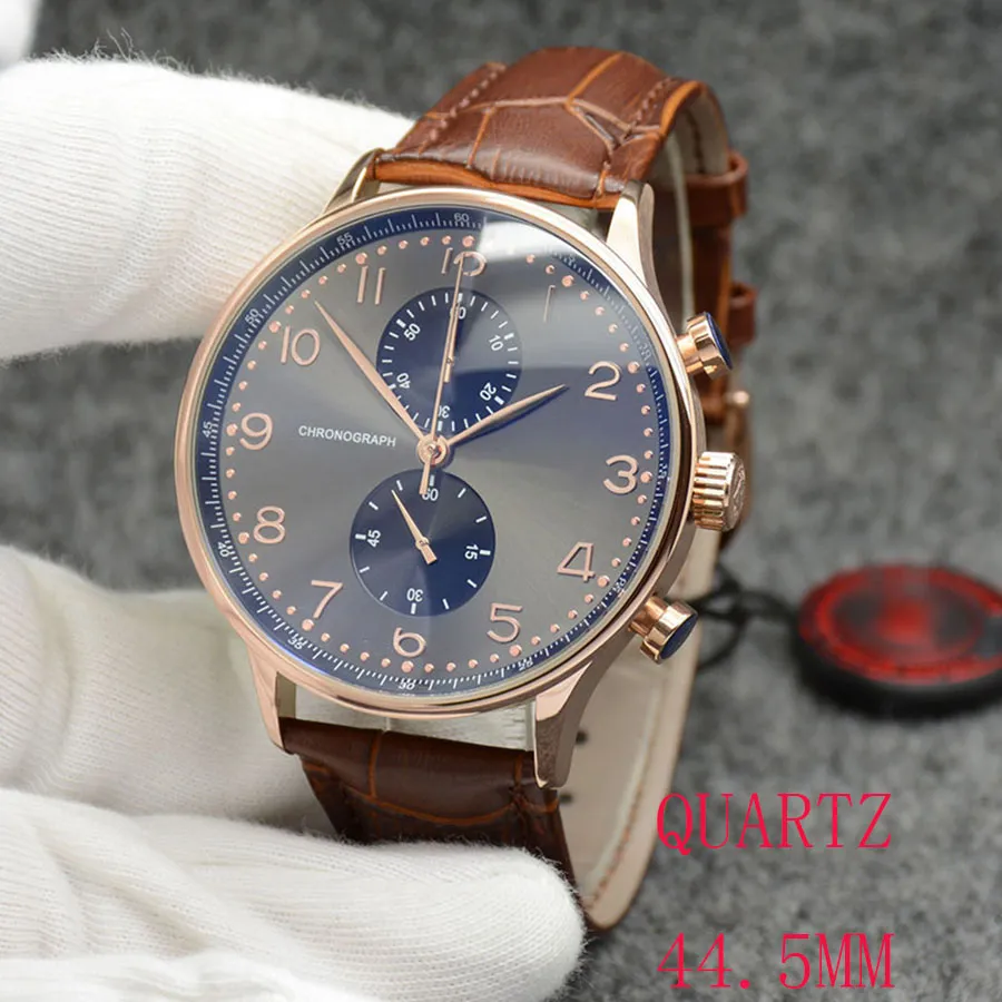 Ny klocka Rose Golden Case Chronograph Sports Battery Power Limited Watch Brown Dial Quartz Professional Wristwatch Folding Clasp Men Watches Leather Strap