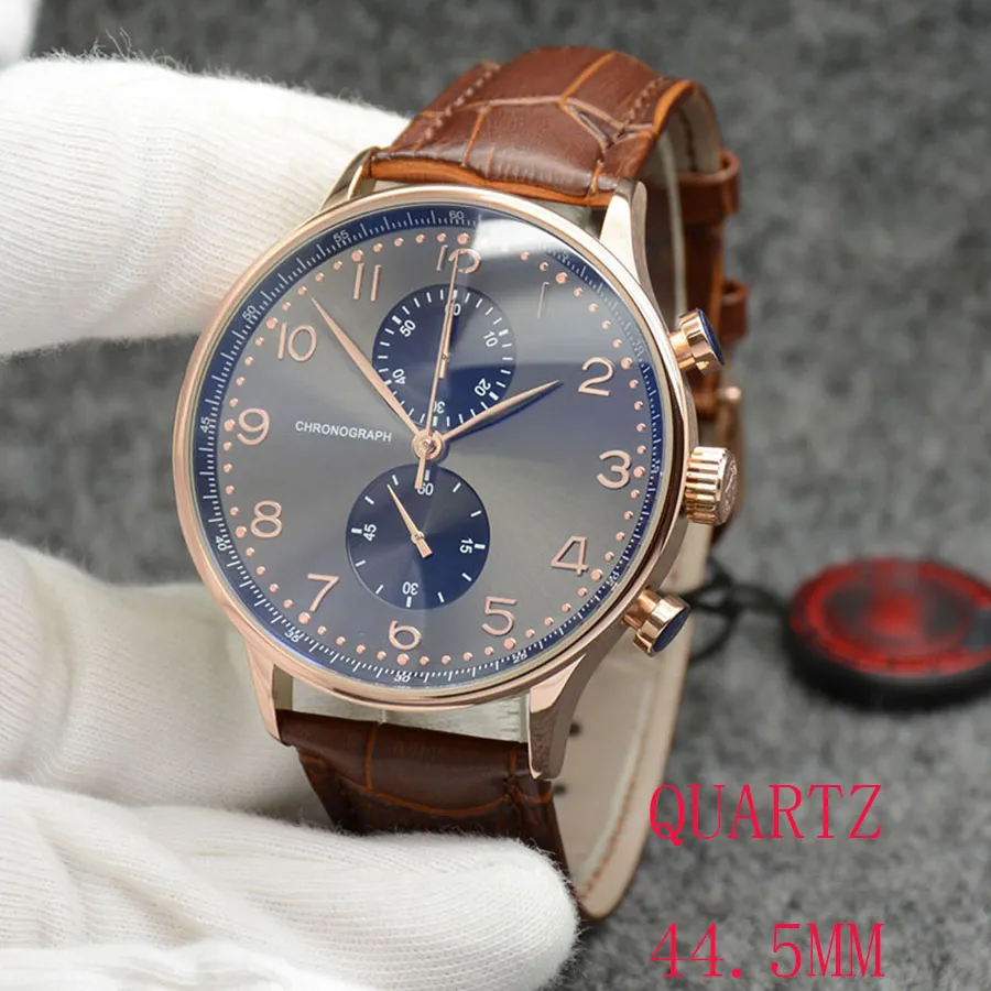 Nuovo orologio Cassa dorata rosa Cronografo Sport Batteria Potenza limitata Orologio Quadrante marrone Orologio da polso professionale al quarzo Chiusura pieghevole Orologi da uomo Cinturino in pelle