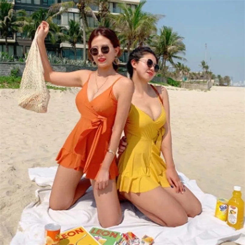 Korean Solid Bowknot 1pc Swimsuit women bikini 2020 Wrap Bandage Belt Swim Dress Swimwear Skirt Bathing Suits For Women T200708