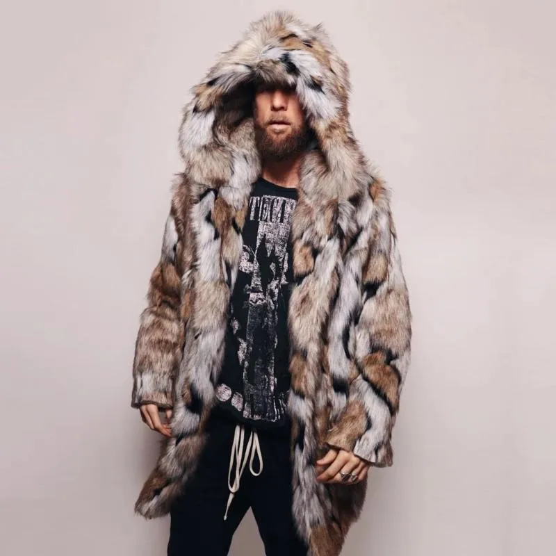 Męskie Kurtki Moda Męskie Ciepłe Leopard Grube Kapturem Kurtka Płaszcz Faux Fur Outwear Płaszcz