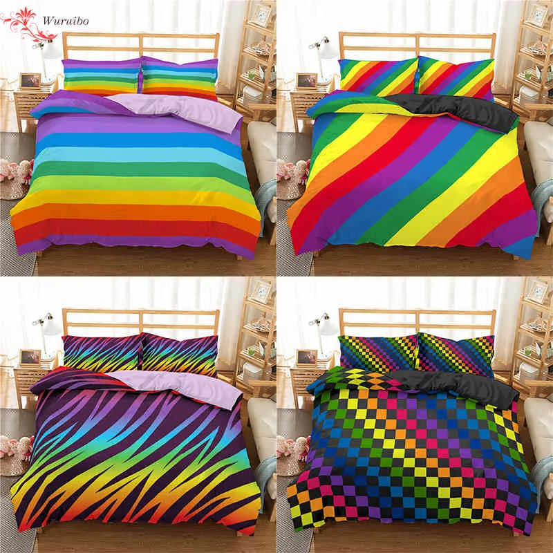 Homesky Rainbow Printing Sängkläder Set Colorful Stripe Comporter Bed Cover Twin King Queen Size Bedclothes