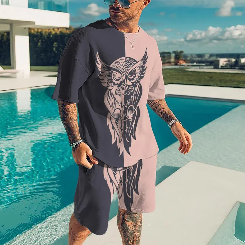 Zomer Man T-shirt Set Strand Oversized Trainingspak Uil 3D Geprinte Designer Korte Mouw Aangepaste Kleding Retro Fashion Tee 220615