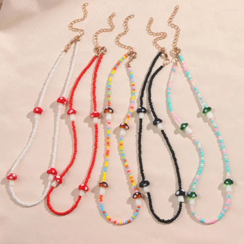 Chaines HARAJUKU Collier de perles de champignons en résine colorée pour femmes filles mignons Perce de corde