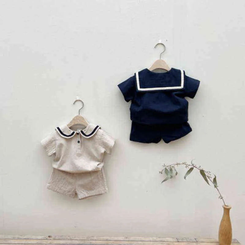 2022 Été Nouveau Bébé Vêtements À Manches Courtes Ensemble Infantile Fille Col Marine T-shirt + Short Ensemble Coton Enfant Tenues Bébé Garçon 2pcs Costume G220509