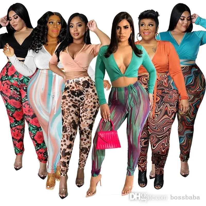 Mode décontracté col en v femmes vêtements 2 pièces ensemble grande taille à manches longues cordon haut + Art imprimer pantalon livraison directe en gros