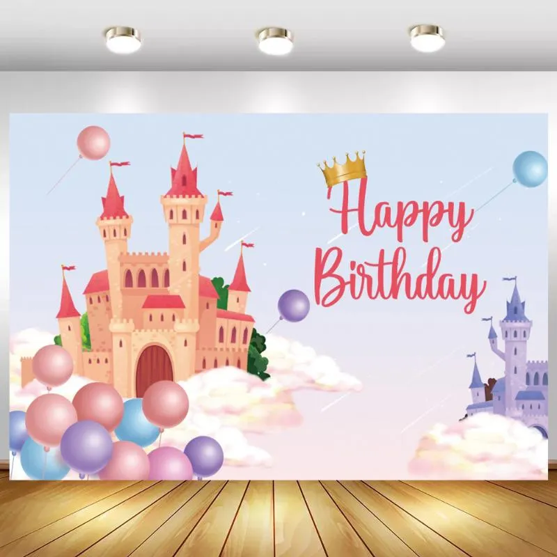 Party-Dekoration, Märchen-Prinzessin, Schlösser, Mädchen-Geburtstags-Hintergründe für Pografie, Cartoon-Luftballons, Wolken, Himmel, geborene Babyparty-Hintergründe