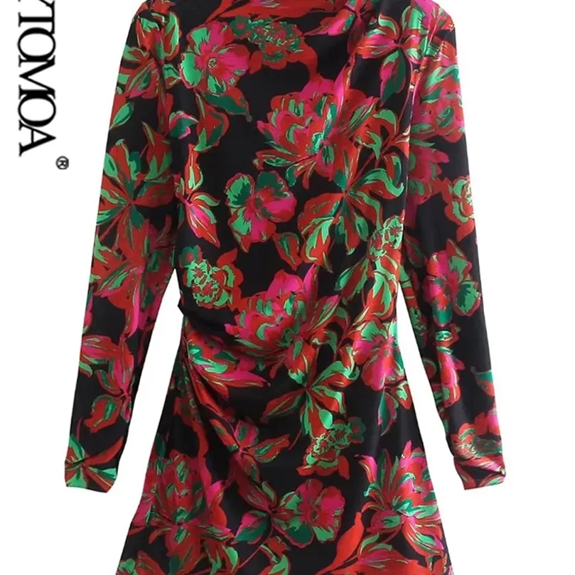 Kvinnor Fashion Floral Print veckad miniklänning vintage flödande hals långärmad kvinnliga klänningar Vestidos Mujer 220526