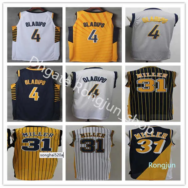 Men de basket-ball Victor Oladipo Jersey 4 Reggie Miller 31 Retro Marine Bleu blanc jaune gris tout cousu vintage Breathable Top Q Jerseys