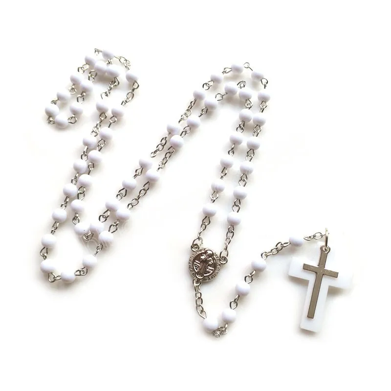 White Rosary Necklace Long Acrylic Beads Strand Religious Jewelry Cross Pendant For Men Women