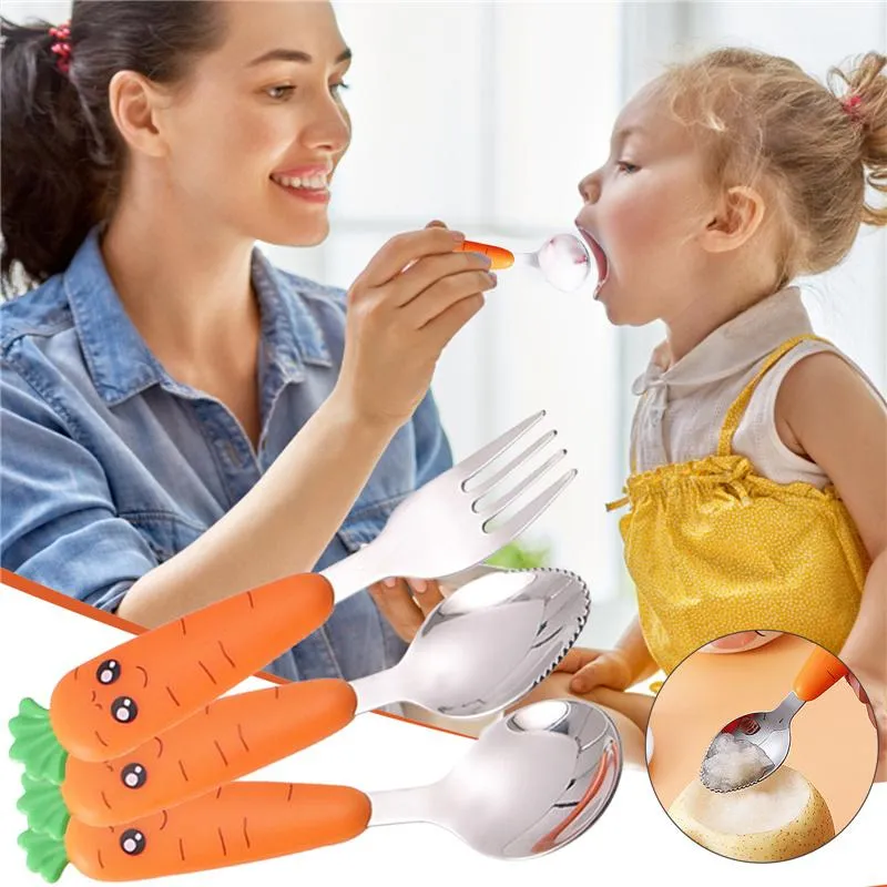 Children Utensil Cute Cartoon Carrot Cutlery Food Material Kid Stainless Steel Tableware Carrot Fork Spoon Dinnerware Spoon LX4600