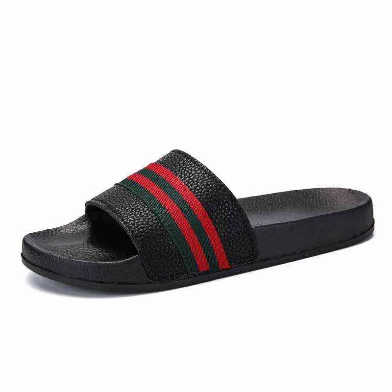 Randig varumärkesdesigner par tofflor skor läder sommarskoskor mode kvinnliga glider män utomhus platt kvinna sandaler mulor g220526