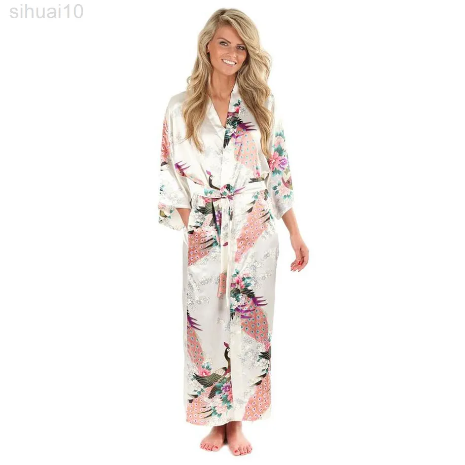 High Fashion Witte Zijde Kimono Robe Gown Plant Chinese Stijl vrouwen nachtklining lange sexy nachtjapon bloem maat sml xl xxl xxxl a-044 L220803
