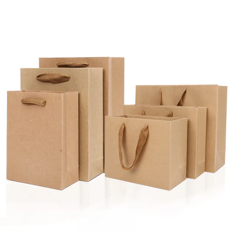 Brown Kraft Paper Gift Wrap Packing Bags with Handle Stand up Tote Shopping Bag for Shop Sale Packaging