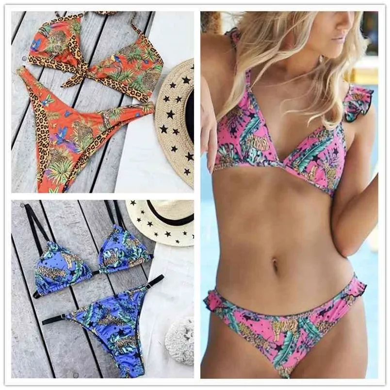 Leopard baddräkt kvinnlig sexig sträng snörning bikini högklippta badkläder kvinnor sommarbadare halter bikini set baddräkt 210319