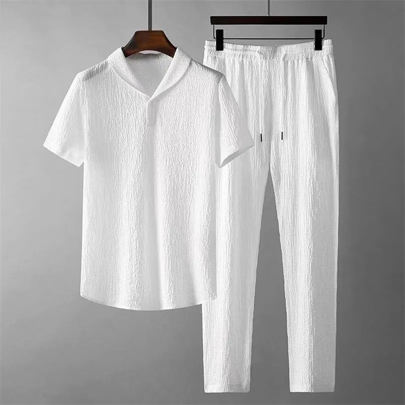 Men time Conjunto de verão Terno esportivo fino do traje de moda masculina Camisa calça 2 peças Conjunto 220704