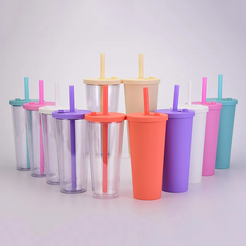 Wholesale 24oz double layer plastic skinny transparent tumbler with colorful straw water cup coffee cup gift High quality DHL MIN