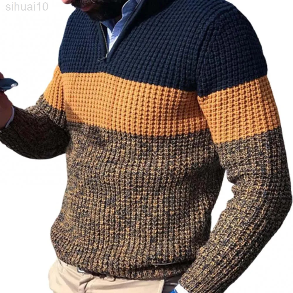 Suéteres de otoño para hombre, suéter de invierno, jersey de manga larga con cuello en V, suéter de punto con bloque de Color L220801
