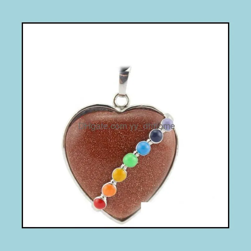 JLN Heart Seven Chakra Pendant Yoga Healing Semi Precious Stone Crystal Onyx Turquoise Necklace With 18 Inches Brass Chain