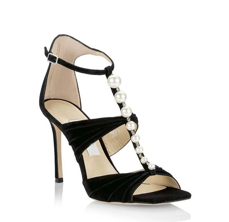 Summer Luxury Brand Aura Satin Sandals Shoes For Women Beads Pearl-Embellished High Heels Peep Toe Lady Pumps White Black EU35-43