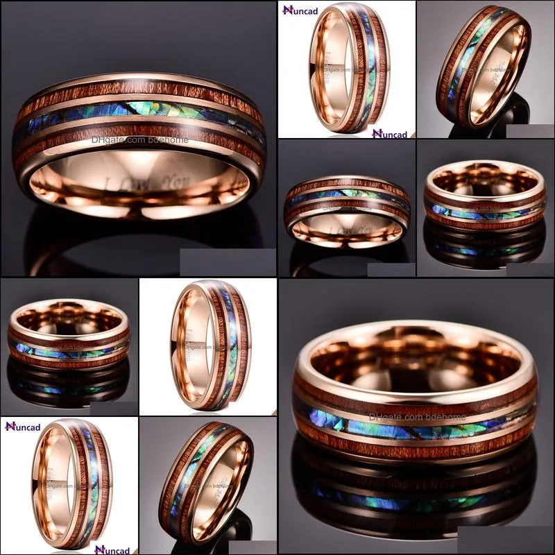 Wedding Rings Engagement Anniversary Gift 8MM Width 2.3MM Thick Plated Rose Gold Inlay Acacia + Abalone Shell Tungsten Steel Ring1