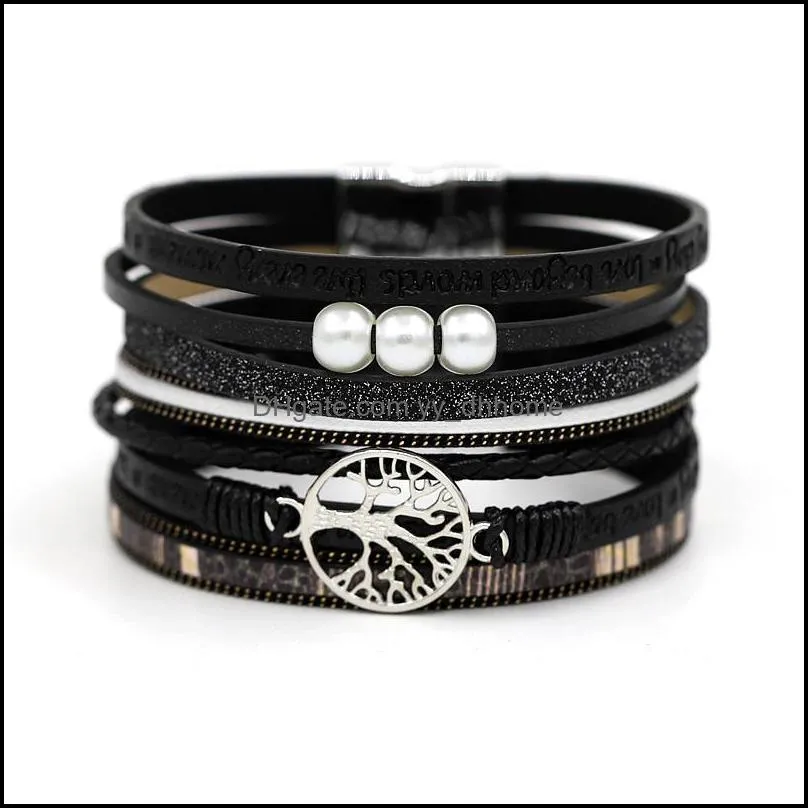 Tennis Women Leather Bracelet Jewelry Tree Of Life Imitation Pearls Magnet Clasp Bangles Bracelets Female Gift For Year1