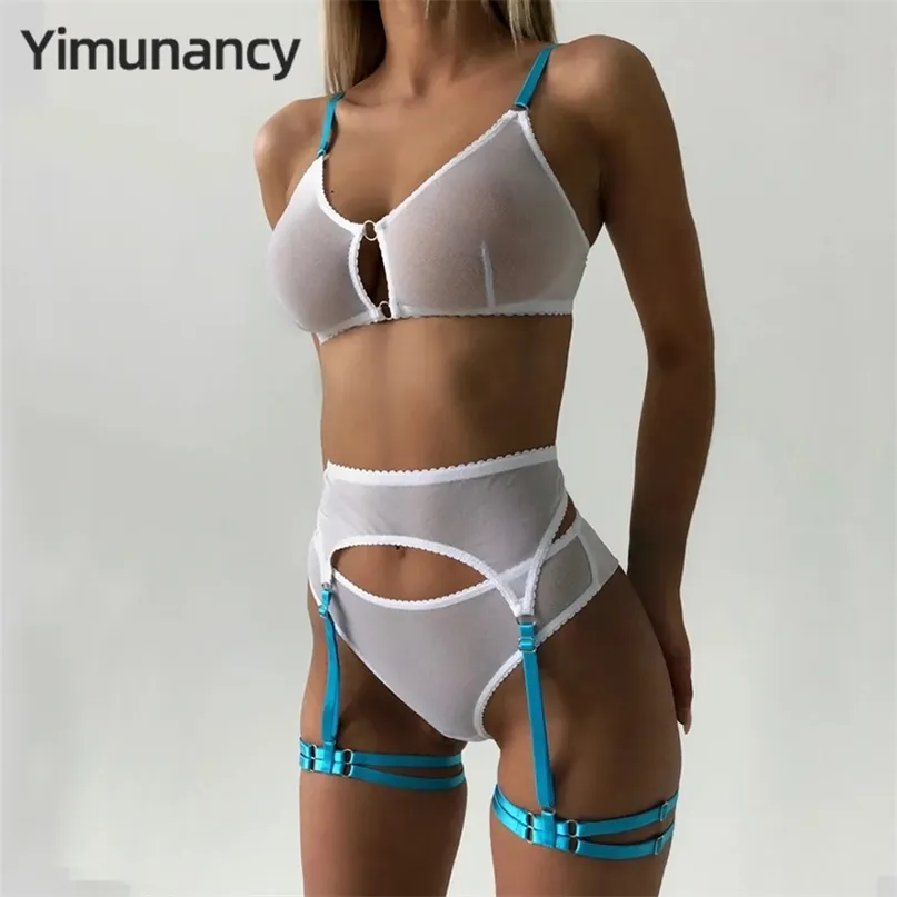 Conjunto de sutiã de malha de 3 peças yimunancy feminino de tiras de cores transparentes Conjunto de roupas íntimas 2 cores Sexy Lingerie Conjunto 220513