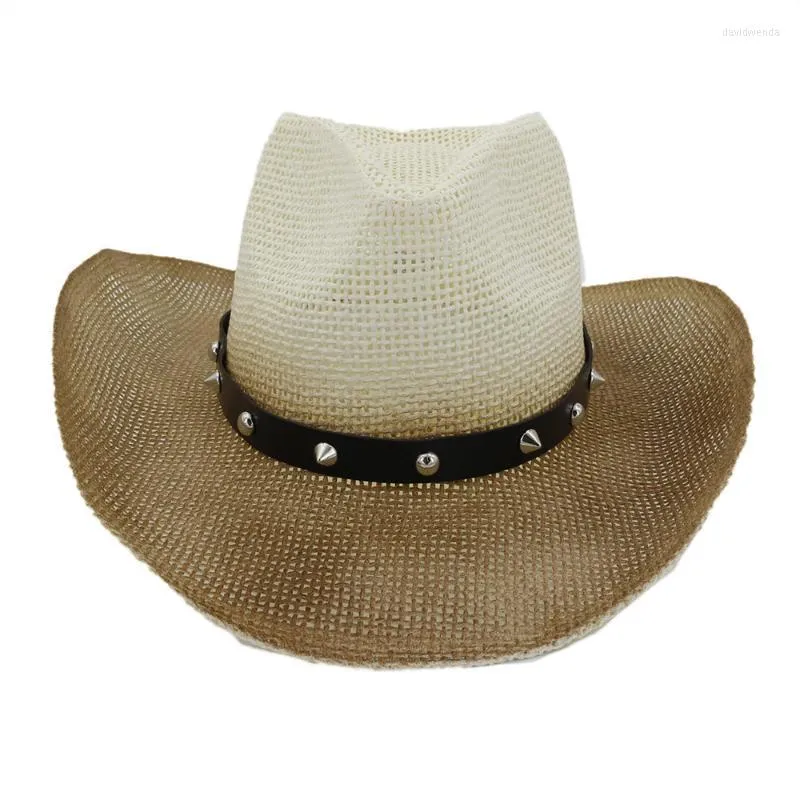 Berretti Cappello da cowboy di paglia occidentale con cinturino placcato per unghie punk Cowgirl Stetson Shapeable Summer Sun Vacation Beach Pool Party Caps Berretti Davi