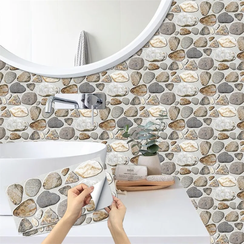 3D 조약돌 패턴 프로스트 벽돌자가 접착제 벽 타일 스티커 주방 욕실 홈 방수 예술 벽지 220523