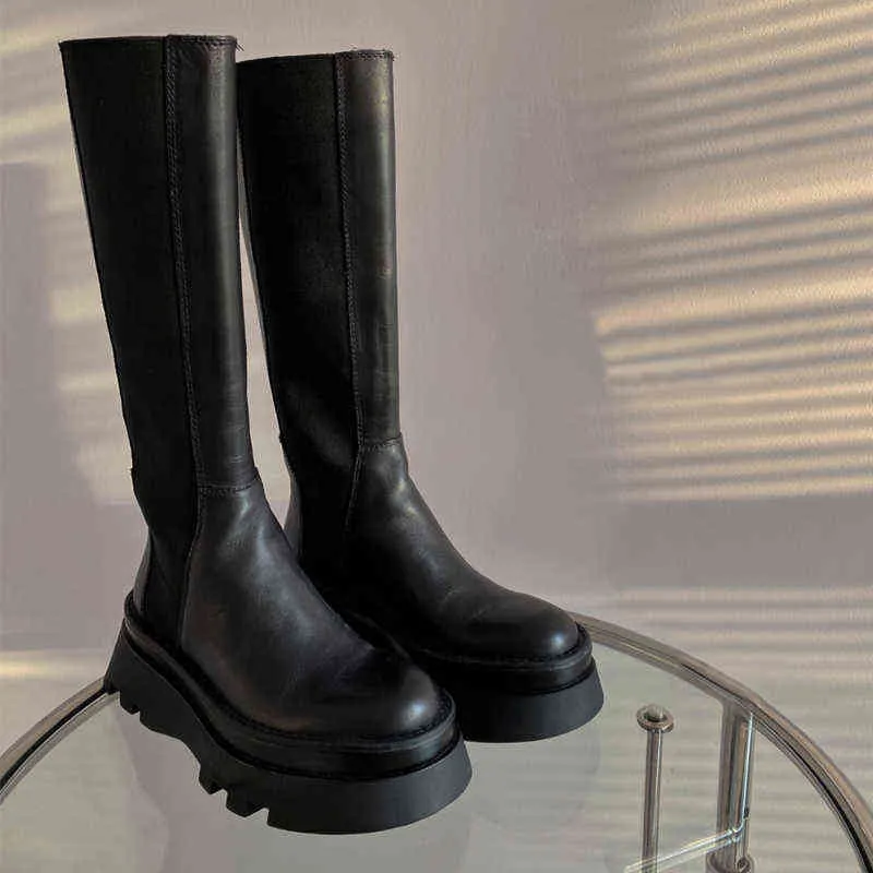 BootsBrand Design Botas de cuero de estilo gótico Mujeres Tacones gruesos Plataforma Resbalón en botas de mujer Cool Punta redonda Rodilla Botas altas Mujer G220813