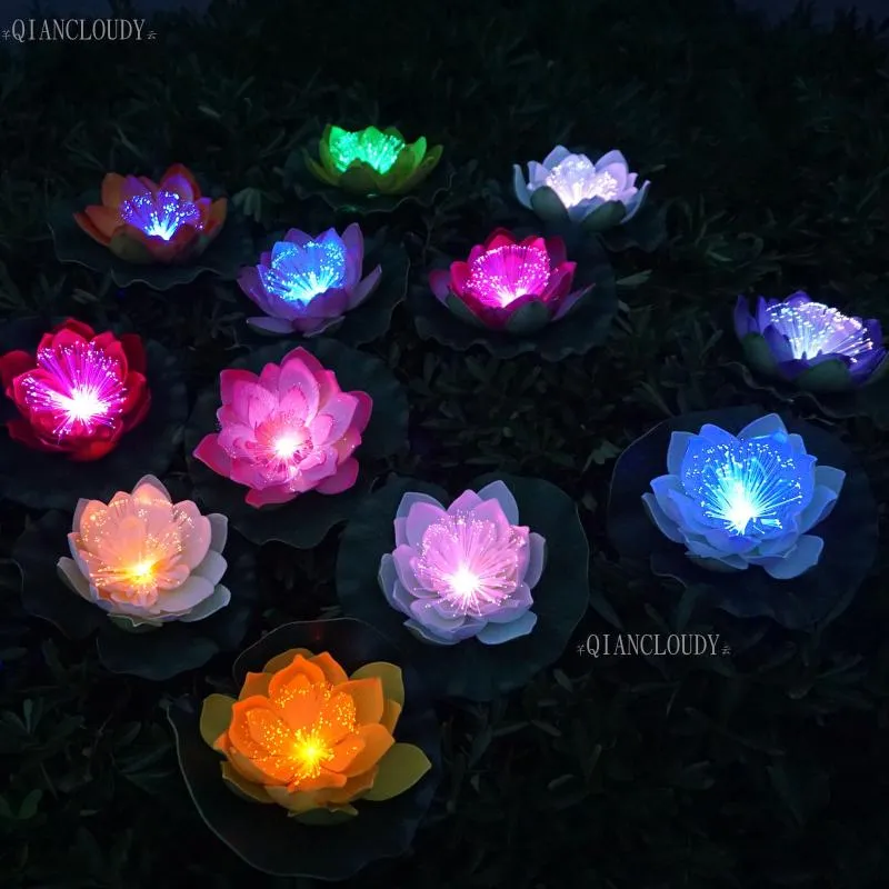 Dekorativa blommor kransar konstgjorda vattentäta led optiska fiber nattljus flytande falska lotus bladblommor lily färg bröllop deco