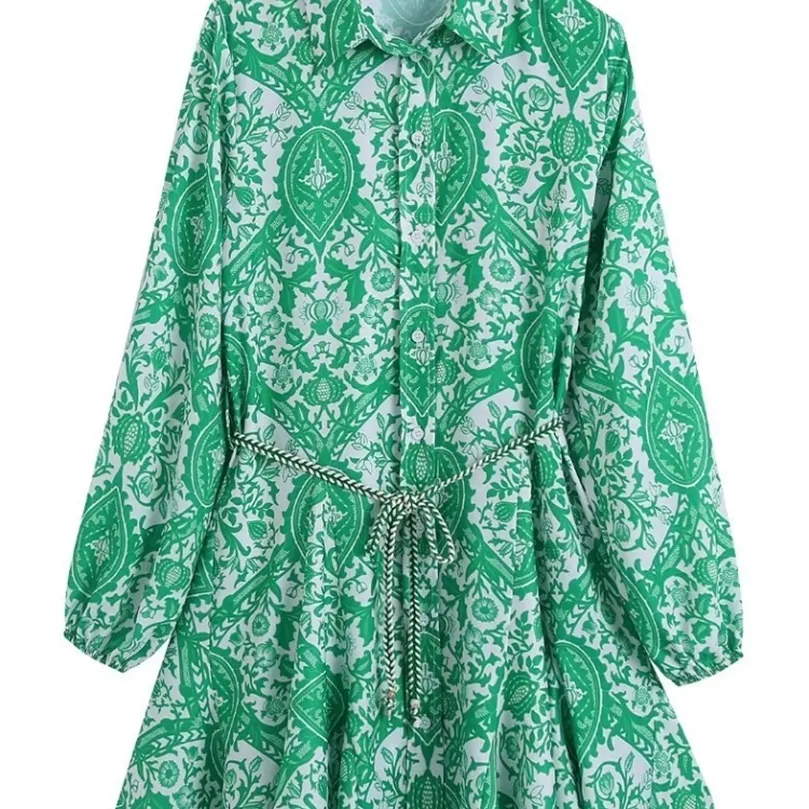 ZEVITY femmes mode Paisley imprimé fleuri ceinture Mini chemise robe femme Chic décontracté grand balançoire ourlet pli vert Vestidos DS9353 220517