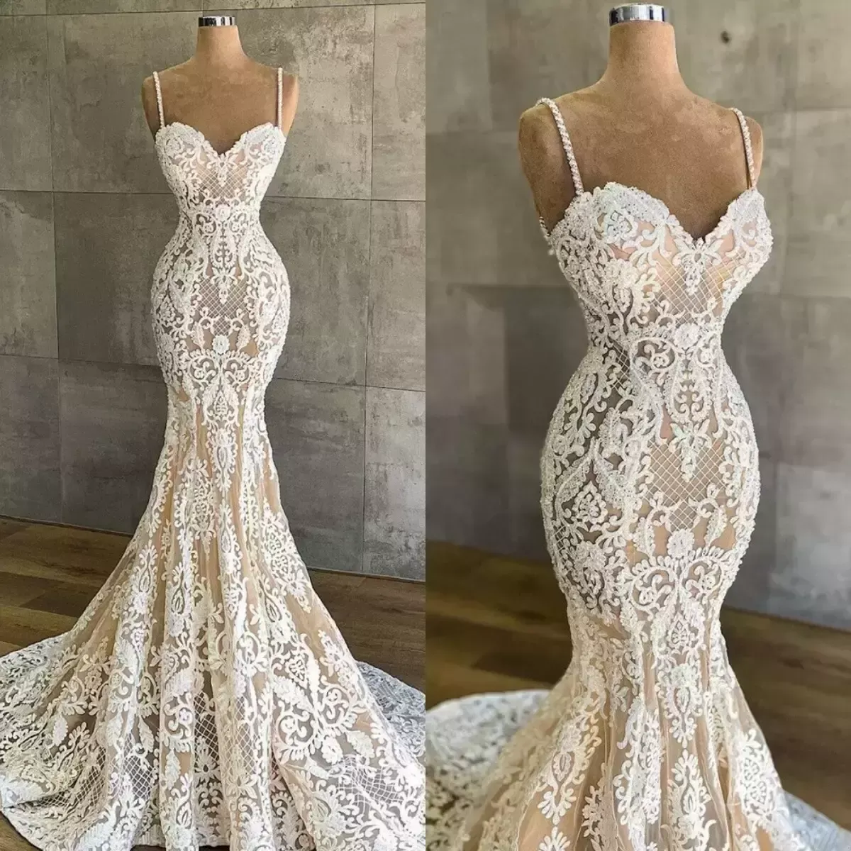 2022 2022 Lace Mermaid Bröllopsklänningar Ärmlös Bridal Gown Spaghetti Straps Tulle Applique Sweep Train Custom Made Plus Size Vestido de Novia