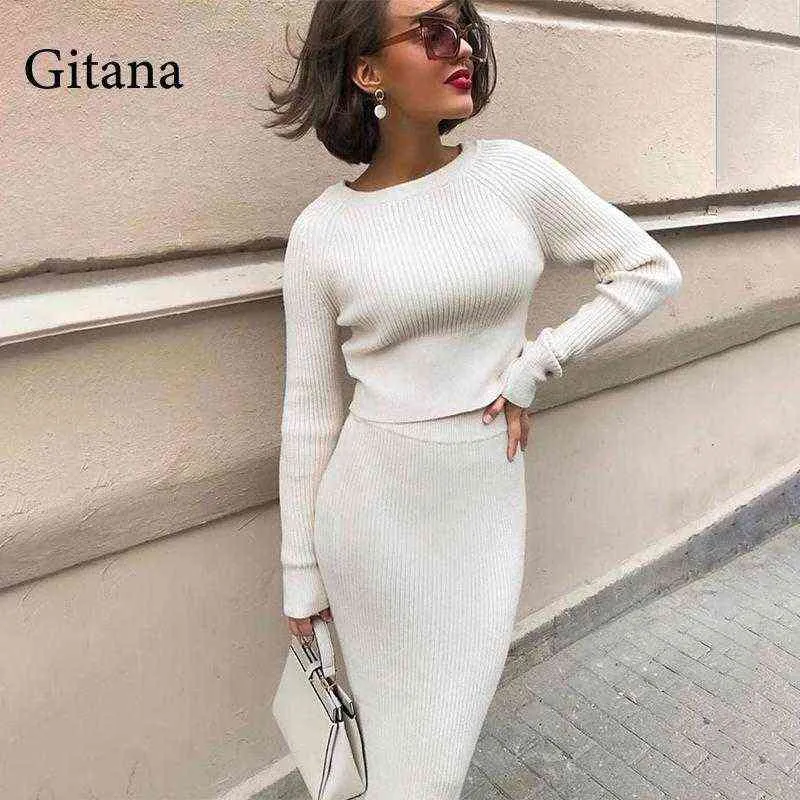 Gitana 2021 Kvinnors stickad tröja Pullover och kjol 2 -stycken Slim Long Sleeve Croped Tops Sticked Suit Autumn Outfit T220729