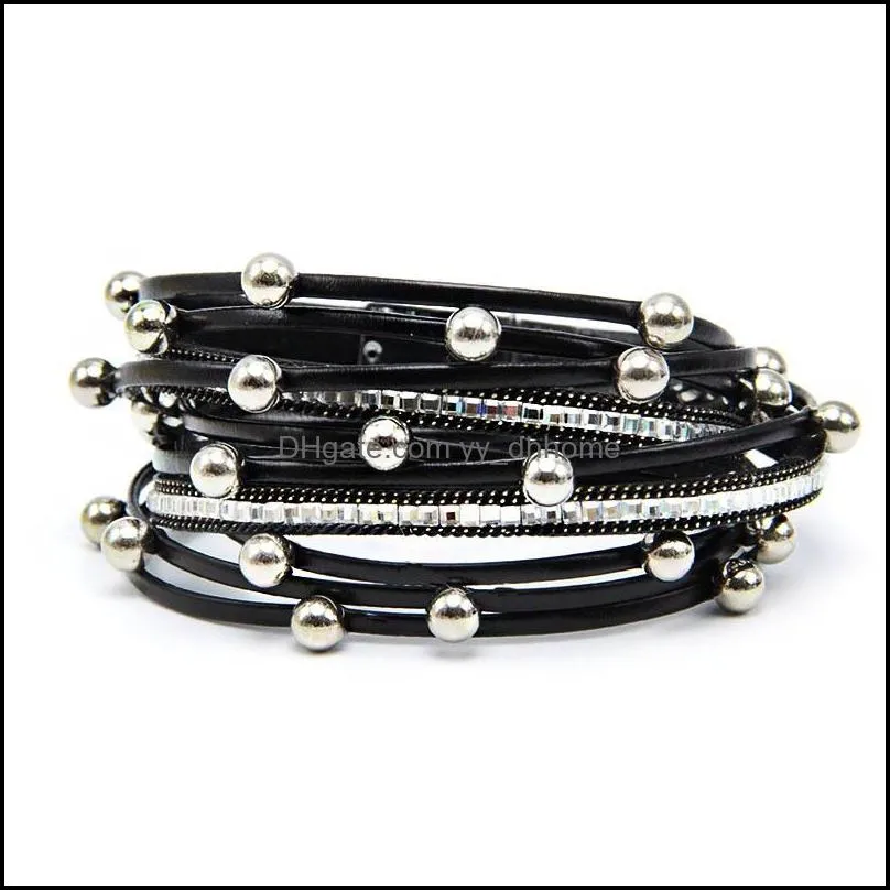 5 Colors New Fashion Shinning Bead Wrap PU Leather Bracelet Bangle Women Design Multilayer Bracelet with Magnetic Clasp