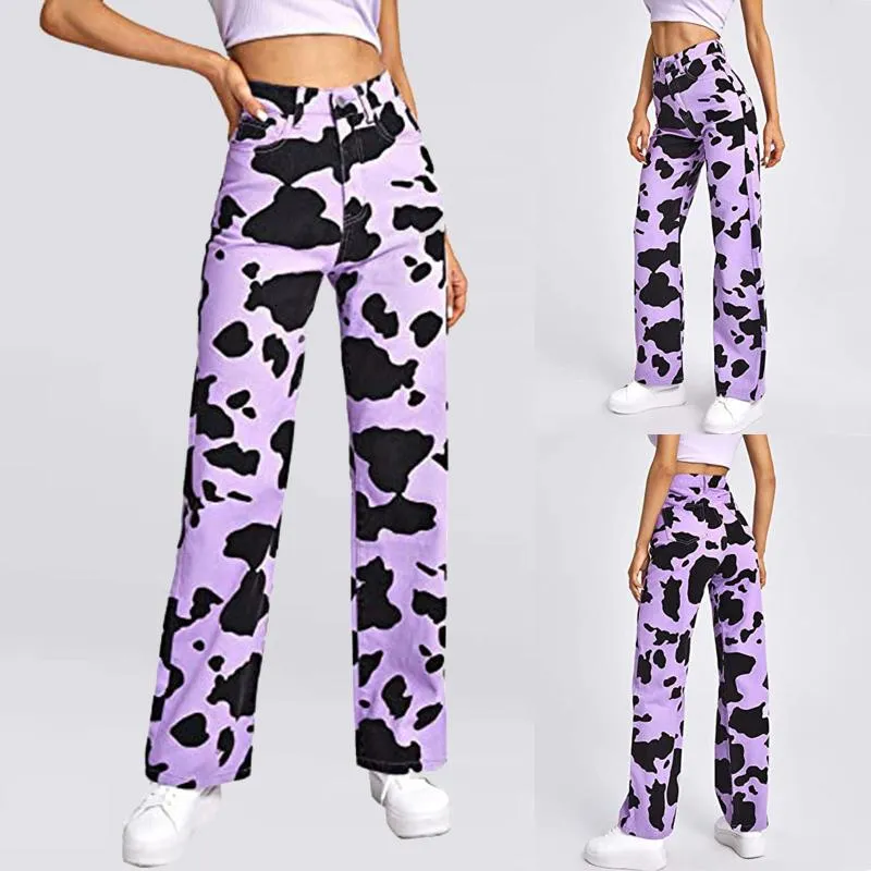 Women's Jeans Fashion Woman Mid Waist Loose Pocket Purple Cow Print Pants Leopard Straight Leg Long Pantalones De Mujer