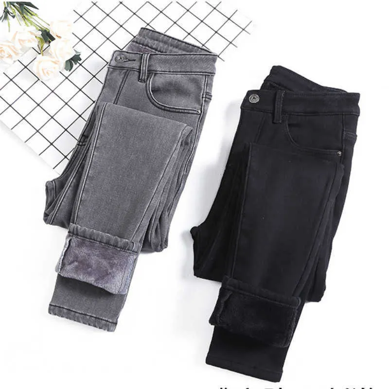 Kış Sıcak kot pantolon kadınlar için kış artı boyutlu yüksek bel sıska siyah gri anne kot kot kadın kalem pantolon 210608