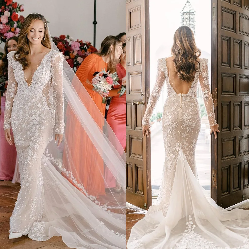 Long See Through Mermaid Flower Wedding Dress Couture Plus Size Beads Lace Appliques Bride Party Dress Celebrity Bridal Gowns