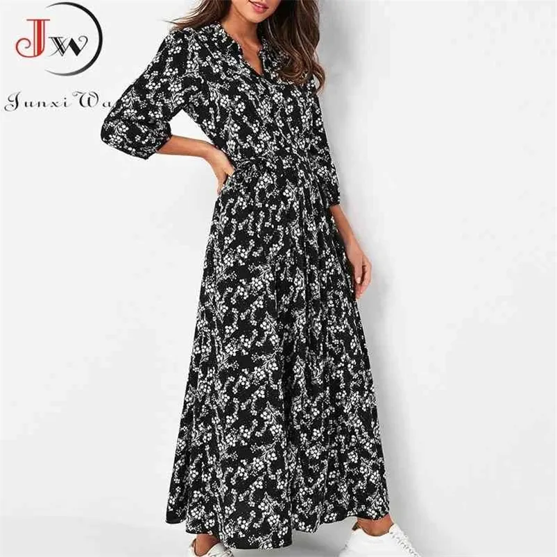 Kobiety maxi sukienka Vintage kwiatowy nadruk szyfonowy boho długa sukienka odrzuć kołnierz swobodny elegancki koszula szata femme vestidos 210322